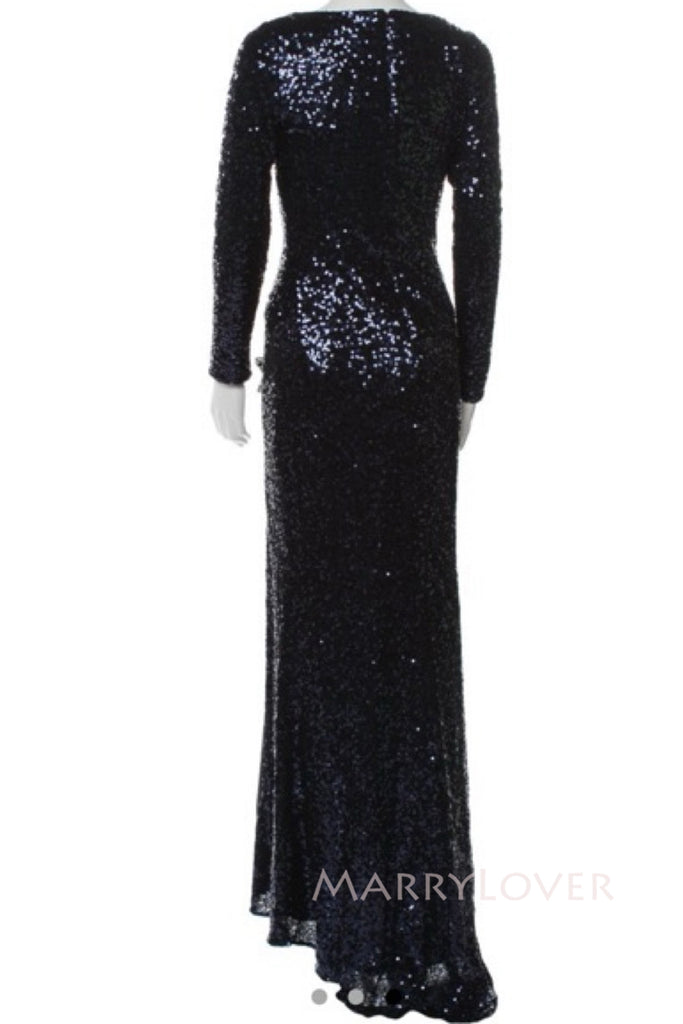 Formal Navy Blue Sequins Side Slit Long Mermaid Evening Prom Dresses, MR0051