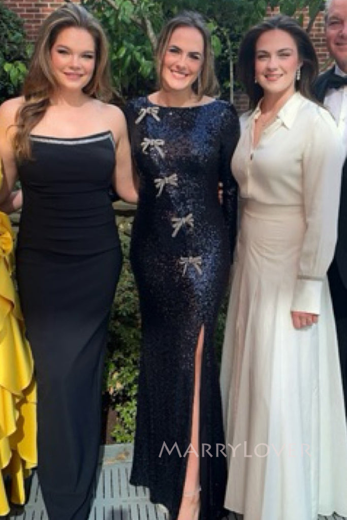 Formal Navy Blue Sequins Side Slit Long Mermaid Evening Prom Dresses, MR0051