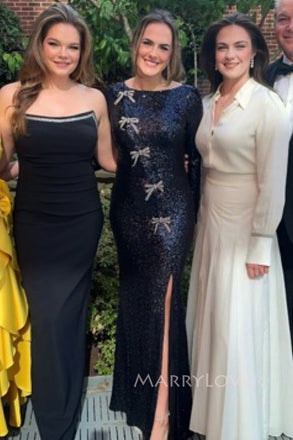 Formal Navy Blue Sequins Side Slit Long Mermaid Evening Prom Dresses, MR0051