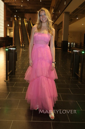 Gorgeous Pink Tulle Spaghetti Straps Long Evening Prom Dresses, MR0055