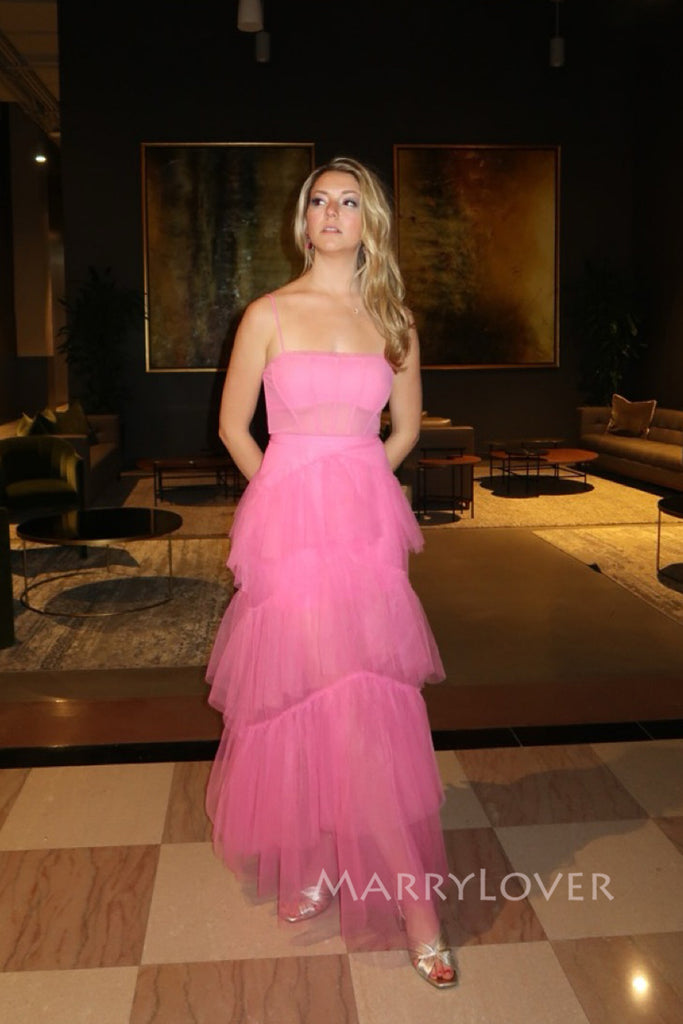 Gorgeous Pink Tulle Spaghetti Straps Long Evening Prom Dresses, MR0055