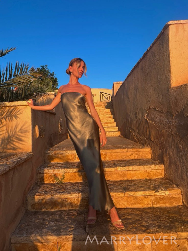 Beautiful Grey Silk Satin Strapless Long Evening Prom Dresses Mermaid, MR0056