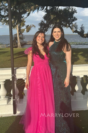 Elegant A-line Tulle Long Evening Prom Dresses, MR0057