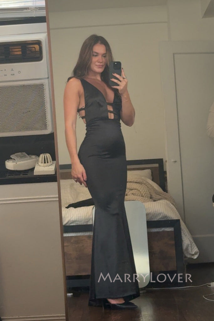 Unique Deep V-neck Black Satin Long Mermaid Evening Prom Dresses, MR0060