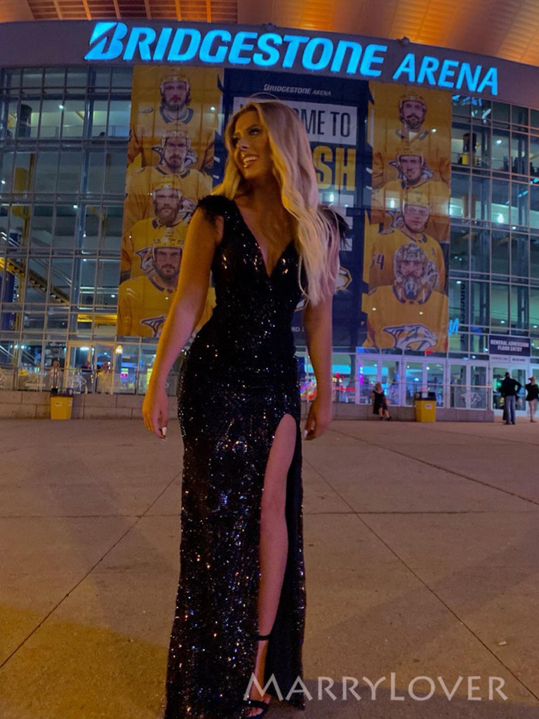 Sparkly Deep V-neck Black Sequins Long Evening Prom Dresses Side Slit, MR0061