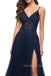 Spaghetti Straps Navy Blue Tulle A-line Long Evening Prom Dresses, MR0062