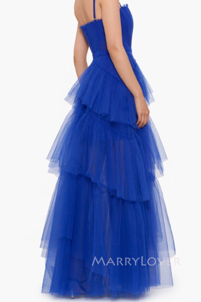 Royal Blue Tulle Spaghetti Straps Long Evening Prom Dresses, MR0063