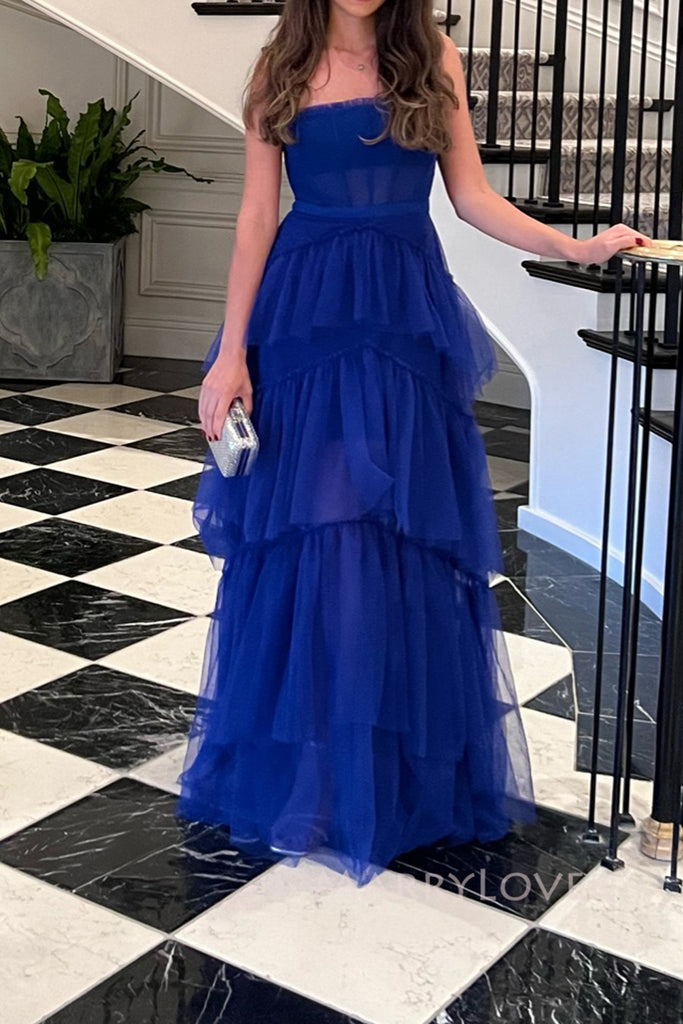 Royal Blue Tulle Spaghetti Straps Long Evening Prom Dresses, MR0063