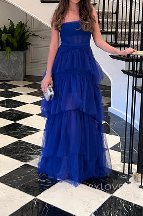 Royal Blue Tulle Spaghetti Straps Long Evening Prom Dresses, MR0063
