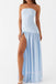 Simple Blue Chiffon Strapless Long Side Slit Evening Prom Dresses, MR0064