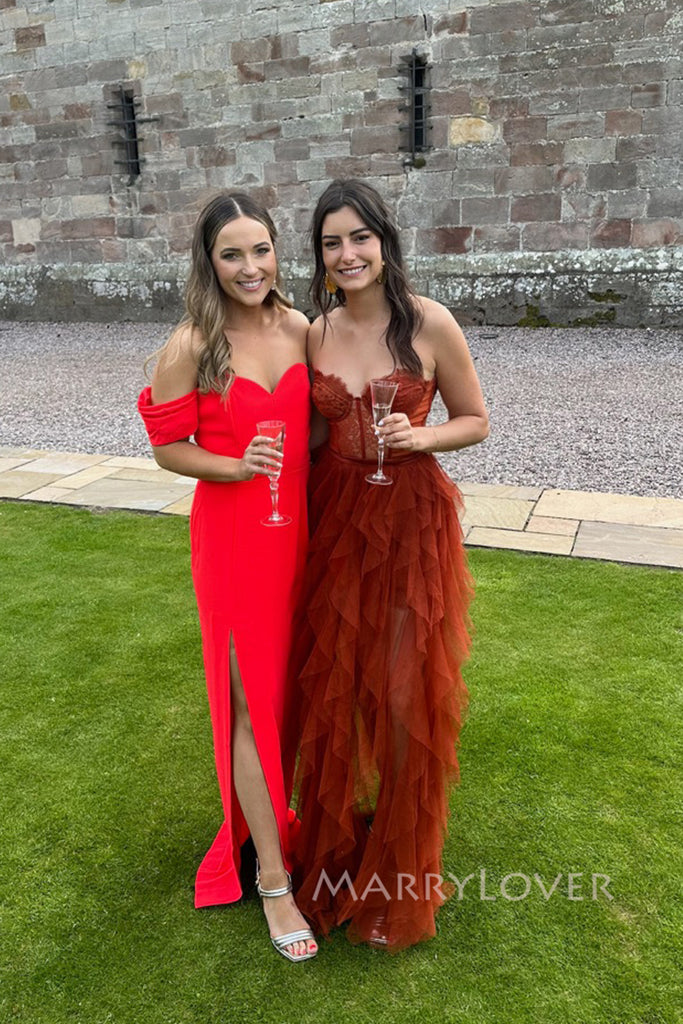 Sweetheart Rust Tulle Lace High Slit Long Evening Prom Dresses, MR0065