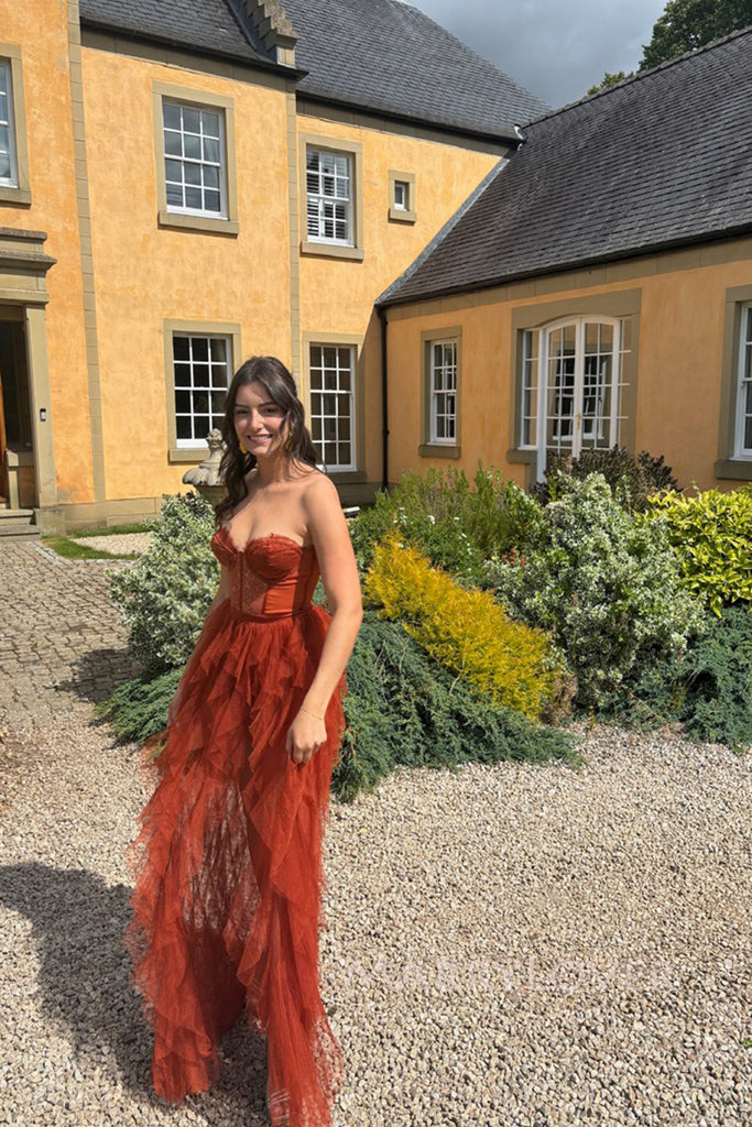 Sweetheart Rust Tulle Lace High Slit Long Evening Prom Dresses, MR0065