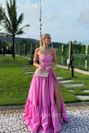 Gorgeous Pink Satin Side Slit Long Evening Prom Dresses, A-line Prom Dress, MR0068