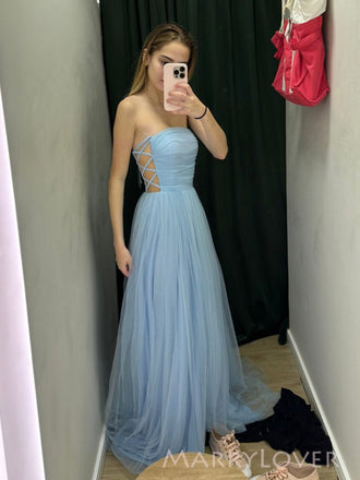 Backless Blue Tulle Strapless A-line Long Evening Prom Dresses, MR0069