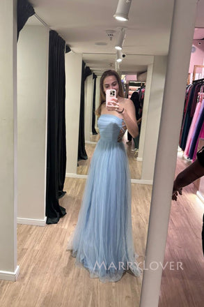 Backless Blue Tulle Strapless A-line Long Evening Prom Dresses, MR0069