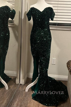 Elegant Green Sequins Mermaid Long Evening Prom Dresses, Off Shoulder Prom Dress, MR0071