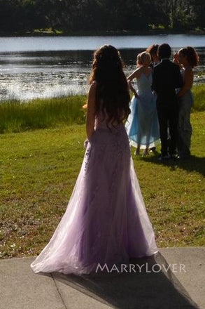 Purple Tulle Appliques A-line Long Evening Prom Dresses Sweetheart, MR0072