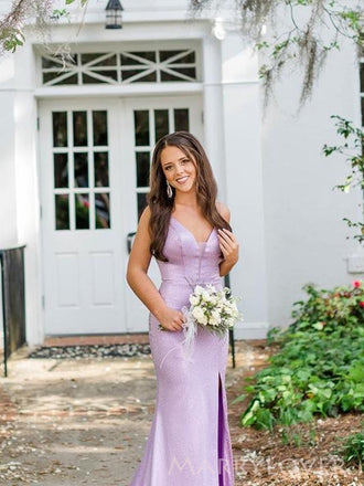 Sparkly Lilac Mermaid V-neck Spaghetti Straps Long Evening Prom Dresses, MR0074