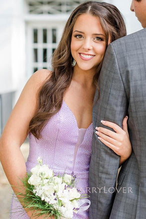 Sparkly Lilac Mermaid V-neck Spaghetti Straps Long Evening Prom Dresses, MR0074