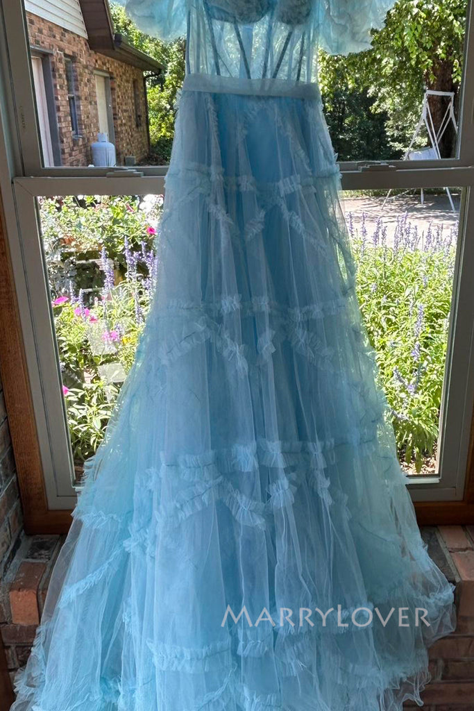 Lovely Blue Tulle A-line Long Evening Prom Dresses, MR0078