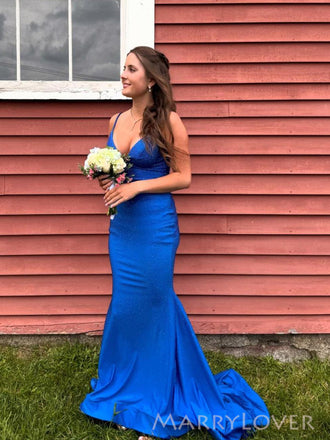 Gorgeous Royal Blue V-neck Mermaid Long Evening Prom Dresses, Spaghetti Straps Prom Dress, MR0079