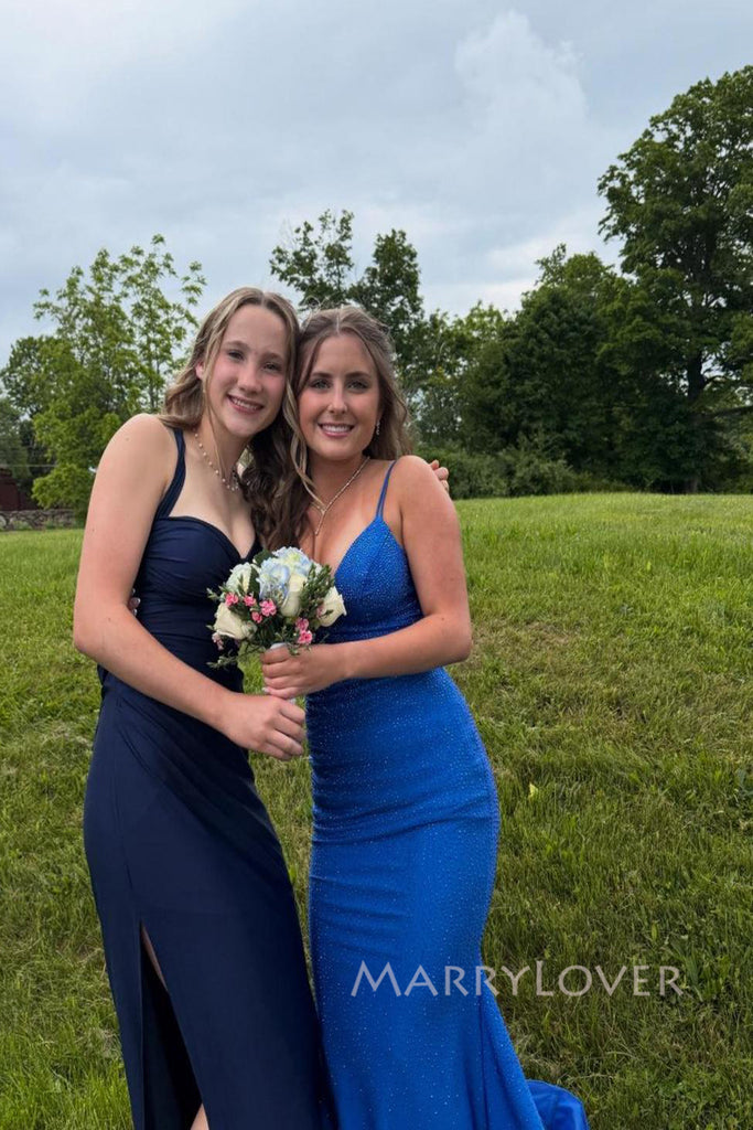 Gorgeous Royal Blue V-neck Mermaid Long Evening Prom Dresses, Spaghetti Straps Prom Dress, MR0079