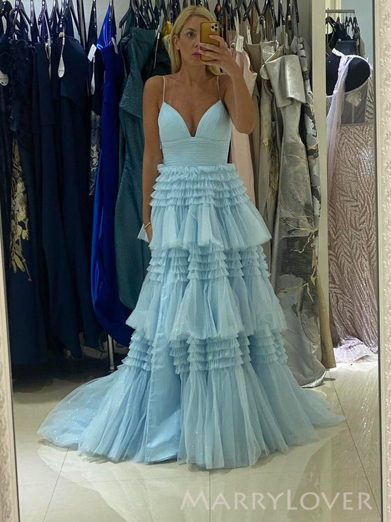 Formal Straps Blue Tulle V-neck A-line Long Evening Prom Dresses, MR0080