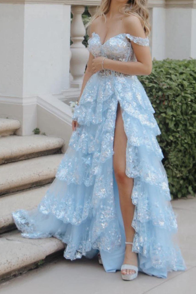 Morden Blue Tulle Appliques A-line Long Evening Prom Dresses, Off Shoulder Prom Dress, MR0081