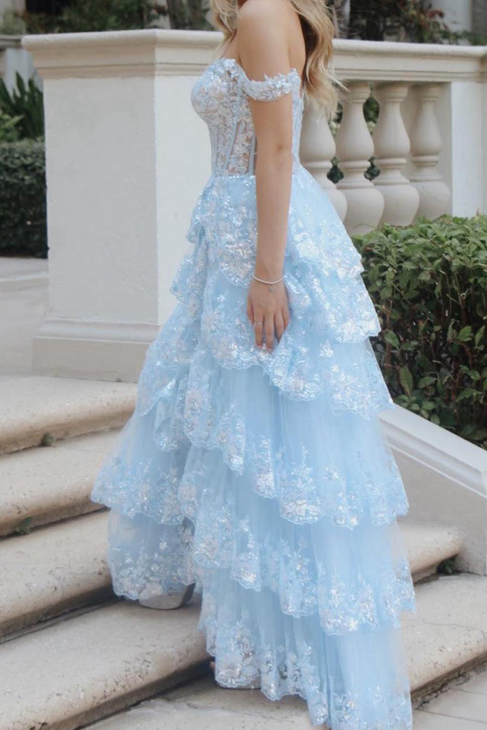 Morden Blue Tulle Appliques A-line Long Evening Prom Dresses, Off Shoulder Prom Dress, MR0081