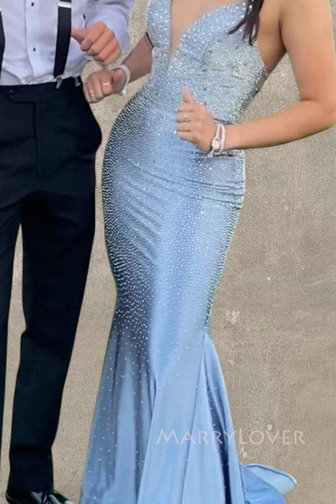 Blue Sparkly Spaghetti Straps Mermaid Long Evening Prom Dresses, V-neck Prom Dress, MR0082