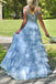 A-line Blue Chiffon Appliques Long Evening Prom Dresses, Side Slit Prom Dress, MR0084