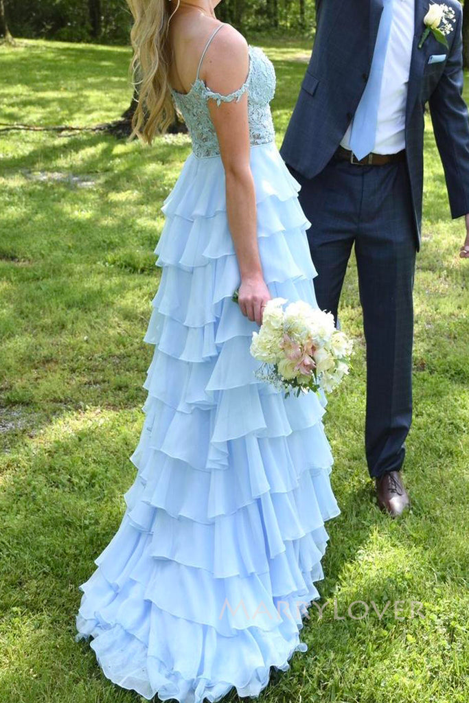 A-line Blue Chiffon Appliques Long Evening Prom Dresses, Side Slit Prom Dress, MR0084