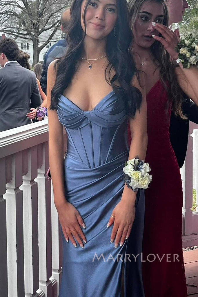 Dusty Blue Satin Sweetheart Long Evening Prom Dresses, MR0086
