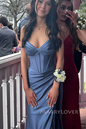 Dusty Blue Satin Sweetheart Long Evening Prom Dresses, MR0086