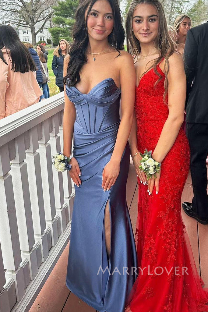 Dusty Blue Satin Sweetheart Long Evening Prom Dresses, MR0086