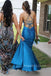 Sexy Blue V-neck Mermaid Long Evening Prom Dresses, Backless Straps Prom Dress, MR0087