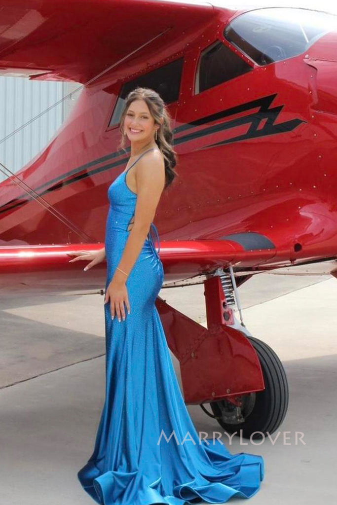 Sexy Blue V-neck Mermaid Long Evening Prom Dresses, Backless Straps Prom Dress, MR0087