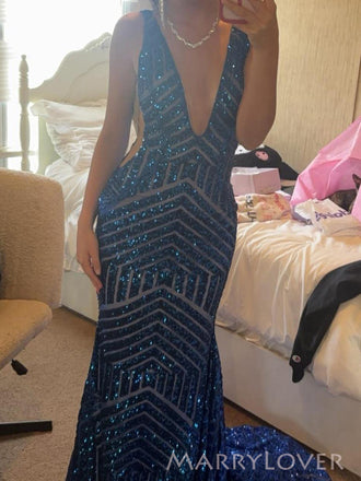 Popular Deep V-neck Royal Blue Sequins Mermaid Long Evening Prom Dresses, MR0089