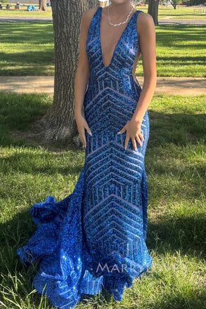 Popular Deep V-neck Royal Blue Sequins Mermaid Long Evening Prom Dresses, MR0089
