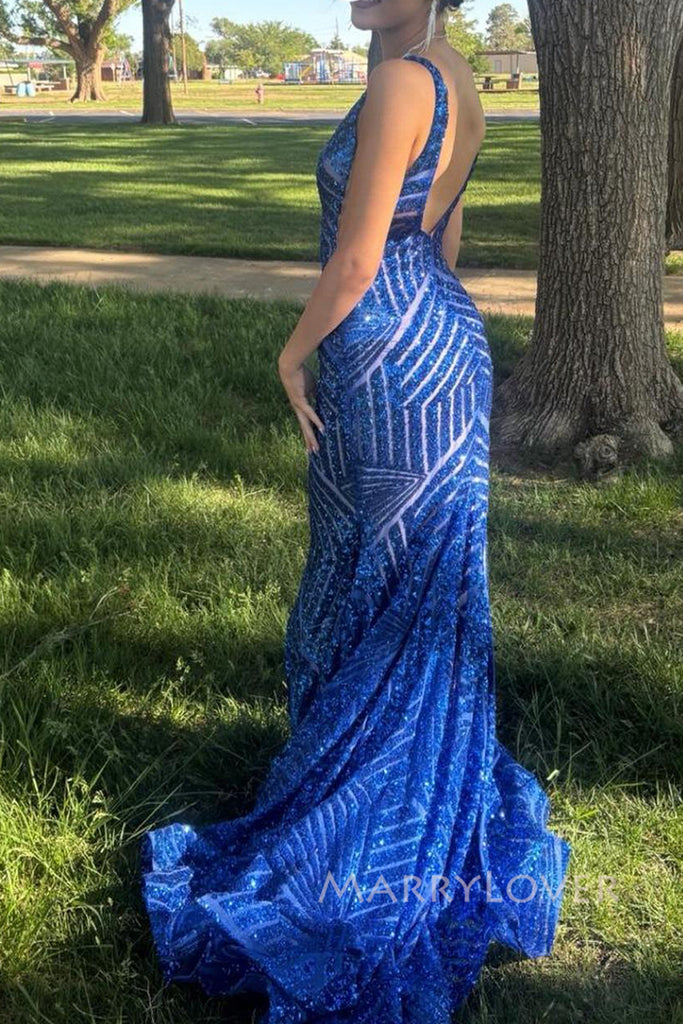 Popular Deep V-neck Royal Blue Sequins Mermaid Long Evening Prom Dresses, MR0089