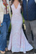 Mermaid White Pink Sequins V-neck Long Evening Prom Dresses, MR0092