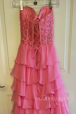 Sweetheart Pink Chiffon Appliques Long Evening Prom Dresses, A-line Prom Dress, MR0093