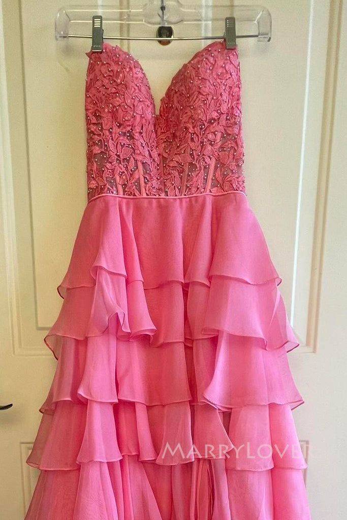 Sweetheart Pink Chiffon Appliques Long Evening Prom Dresses, A-line Prom Dress, MR0093