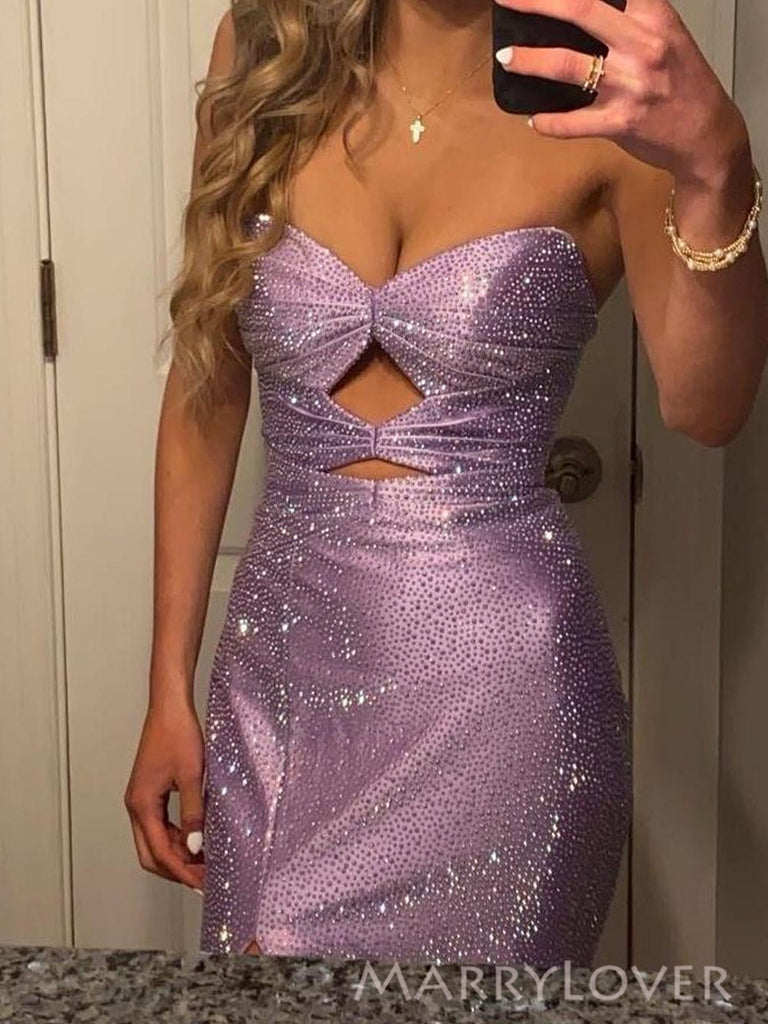 Sheath Purple Sparkly Sweetheart Long Evening Prom Dresses, Mermaid Side Slit Prom Dress, MR0094