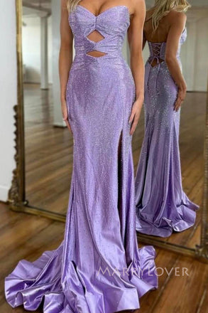 Sheath Purple Sparkly Sweetheart Long Evening Prom Dresses, Mermaid Side Slit Prom Dress, MR0094