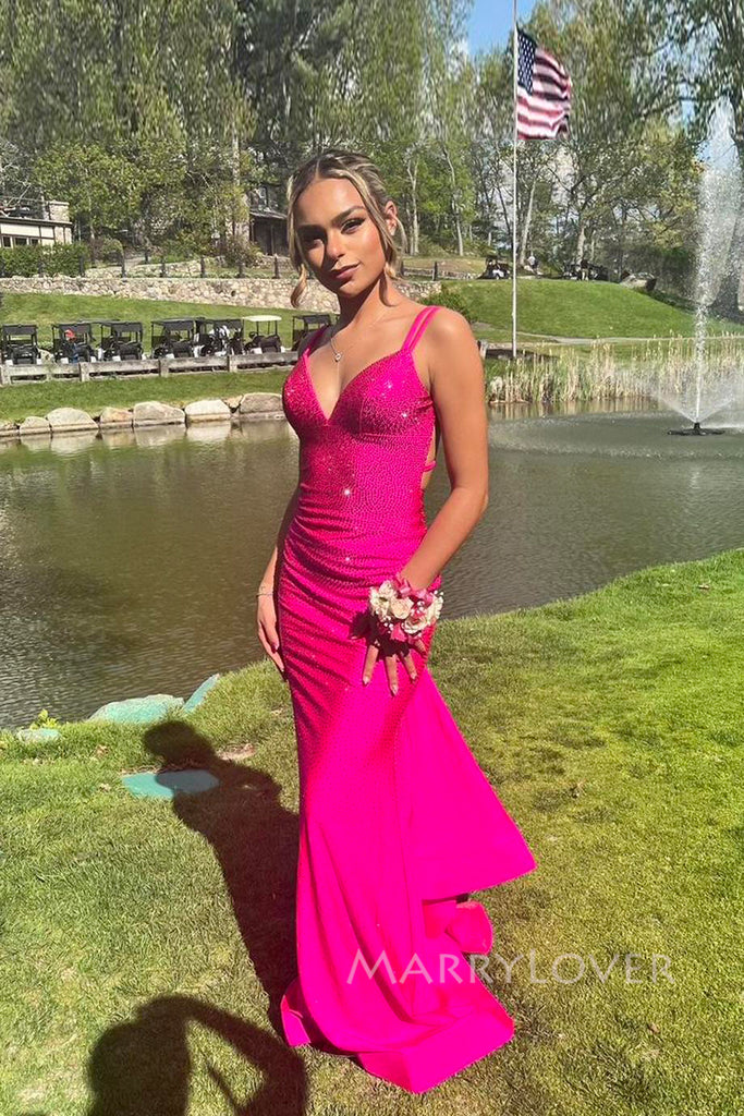 Sexy Backless Hot Pink Mermaid Long Evening Prom Dresses, Sparkly Prom Dress, MR0095