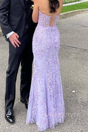 Formal Lilac Tulle Appliques Mermaid Long Evening Prom Dresses Sweetheart, MR0097