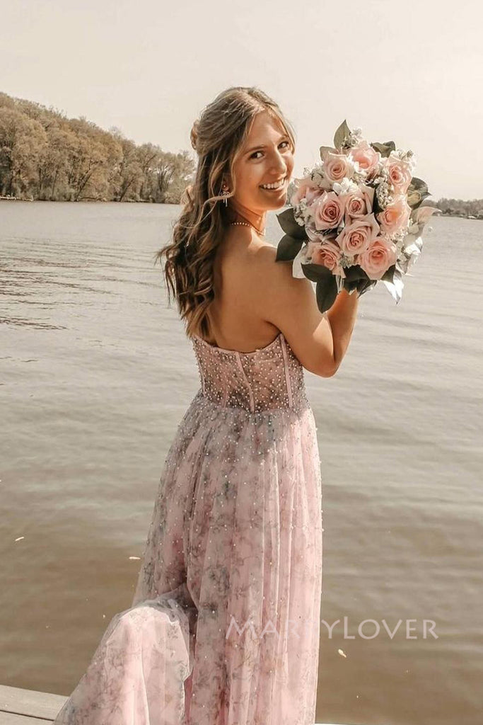 Sweetheart A-line Chiffon Long Evening Prom Dresses, Side Slit Prom Dress, MR0098