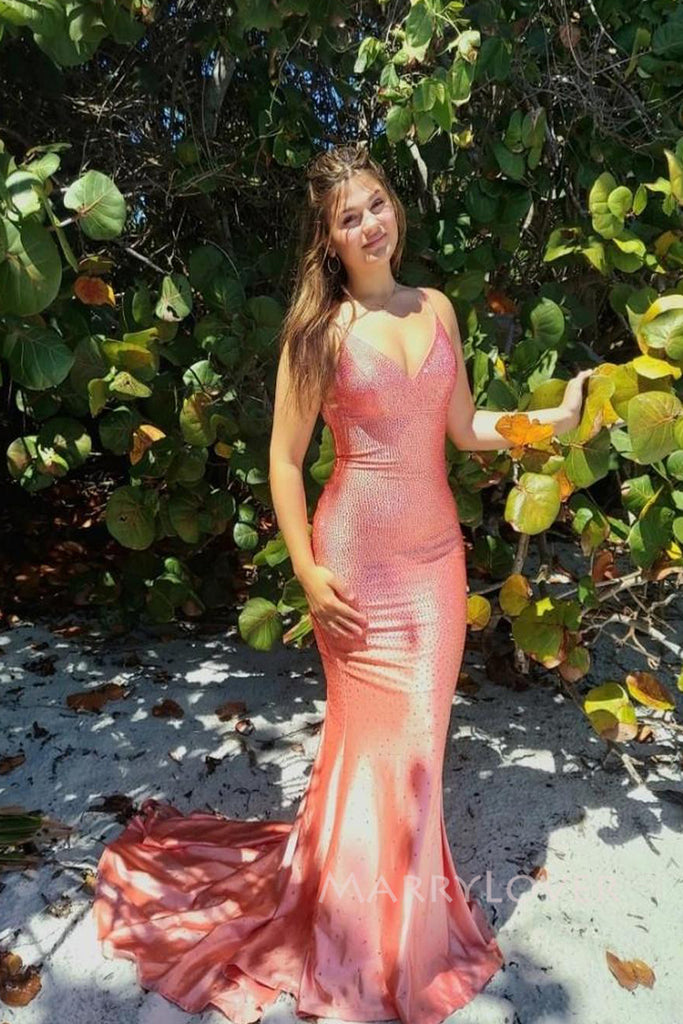 Floor-length Mermaid V-neck Long Evening Prom Dresses, Spaghetti Straps Orange Prom Dress, MR0099