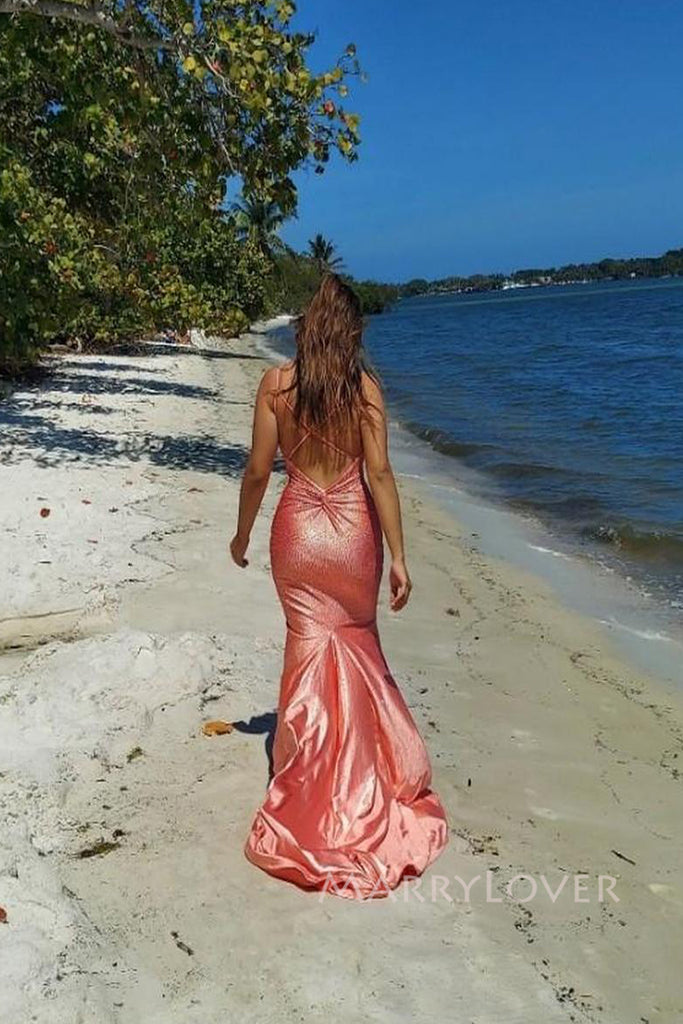 Floor-length Mermaid V-neck Long Evening Prom Dresses, Spaghetti Straps Orange Prom Dress, MR0099